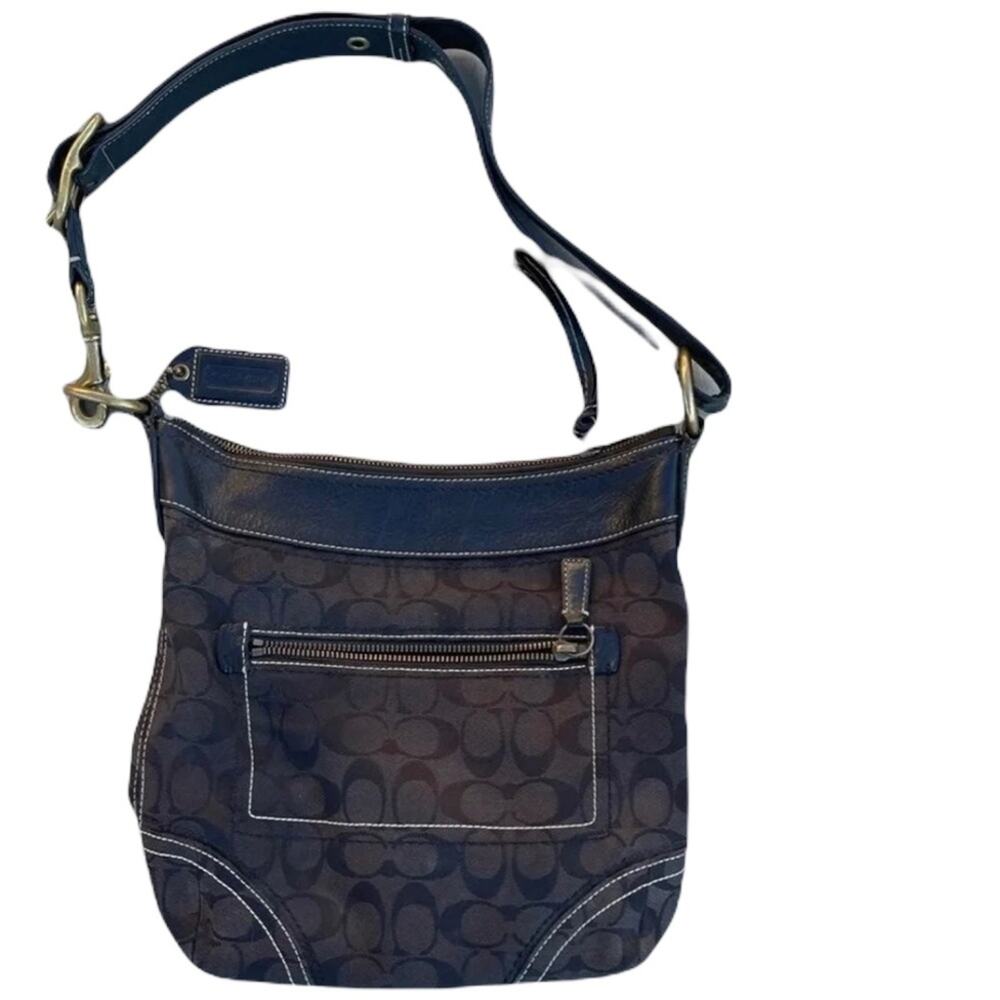 Coach #10403 purse black signature logo jacquard bronze hardware